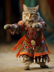 cute Cat Adorned in Cozy Scarf and Jacket, Posing with Elegance cooking and dancing cat with outfit