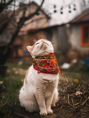 cute Cat Adorned in Cozy Scarf and Jacket, Posing with Elegance cooking and dancing cat with outfit