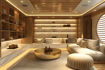 This photo shows a luxurious interior created by adding wooden furniture, sofas, and bright, soft lighting to a room with walls and floors decorated with white and ivory marble and wood.