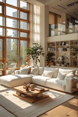 Fototapeta premium This is a photo of a simple and cozy wooden floor living room interior with a large window, white cushions, and a white sofa with plenty of natural light.