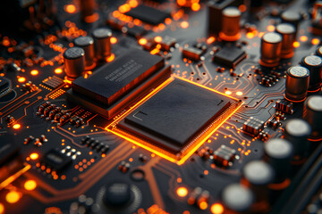 A close-up shot of an orange electroluminescent electronic board containing a large electronic chipset. - obrazy, fototapety, plakaty