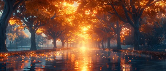 A beautiful wet street scene after the rain, with the sun shining dazzlingly behind the silhouettes of dense trees.
