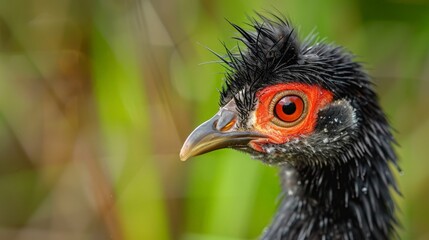 Bird with vivid crimson eye and dark plumage