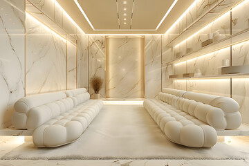 This photo shows a luxurious interior created by adding a sofa and bright, soft lighting to a room with white and ivory colored marble walls and floors.