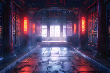 Interior view of a dark building with red lighting, ancient oriental concept with bright windows