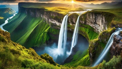 Top view, A series of majestic waterfalls cascading down verdant cliffs, their thundering waters creating rainbows in the mist below. - obrazy, fototapety, plakaty