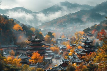 It is an ancient oriental village with tiled houses located on a wide mountain range and surrounded by trees.