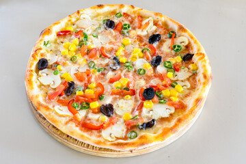 Delicious mixed pizza with rich content. Menu concept of choice and diversity. Pepperoni, Formaggi, Veggie, Karisik pizza