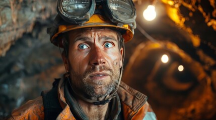 Determined miner in complete mining attire with headlamp in dimly lit underground mine shaft - obrazy, fototapety, plakaty