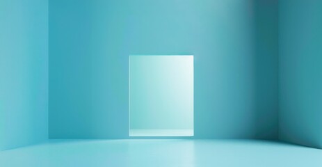 minimal blank light blue rectangular shape in the center of an empty clean room