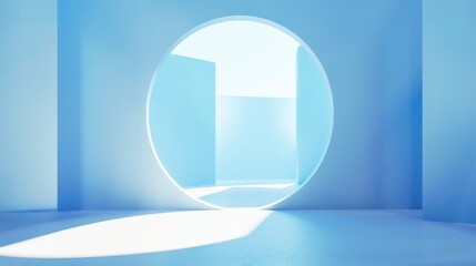 futuristic minimalistic light blue background with circle frame, geometric shape