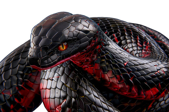 Black red snake macro, detail reptile scales shiny texture, close up cold blooded serpent, wildlife danger