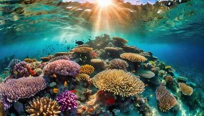 Top view, A vibrant coral reef bustling with life beneath the surface of the ocean, its...