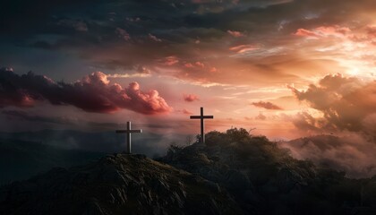 The Christian themed on a background with dramatic at dawn, with a beautiful sea of ​​clouds,...