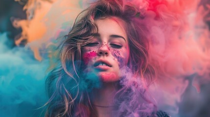 The image features a young woman amidst a vibrant cloud of pink and blue smoke. Her eyes are closed, and her face seems serene or contemplative. Multicolored paint speckles dot her cheeks and nose, gi
