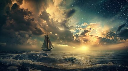 The image presents a dramatic seascape scene with a sailboat on open water. The ocean looks tumultuous with crests of waves highlighted by the sunlight. A stunning, partly cloudy sky looms above, exhi - obrazy, fototapety, plakaty