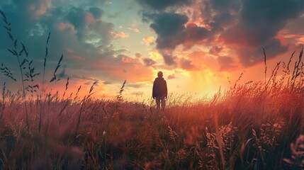 A solitary figure stands in a field surrounded by tall grasses, with their back to the viewer, looking off into the distance. The sky above is a dramatic display of warm colors, transitioning from gol - obrazy, fototapety, plakaty