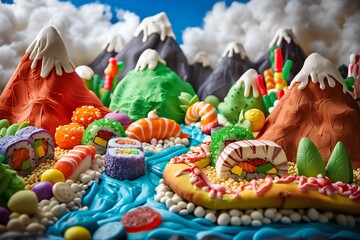 Craft a whimsical clay sculpture of a whimsical food-filled landscape, blending sushi mountains, pizza rivers, and candy forests into a fantastical edible world Play with textures and proportions to c