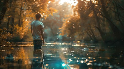 A person stands in shallow water, engulfed in a serene, sun-drenched forest. The sun breaks through the dense foliage above, casting a warm, golden hue over the scene. Glistening light reflects off th - obrazy, fototapety, plakaty
