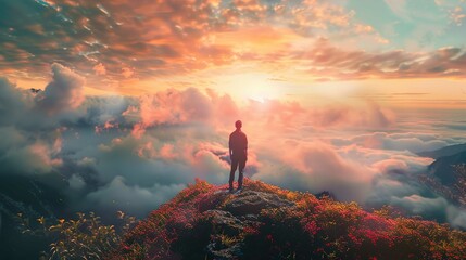 A person stands on the edge of a rocky outcrop, silhouetted against a dramatic sky at sunset or sunrise. The sky is ablaze with orange, pink, and yellow hues, interspersed with billowing clouds. Below - obrazy, fototapety, plakaty
