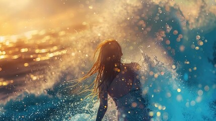 A person with long hair, possibly a woman, is captured from behind amidst a vibrant splash of ocean water. The sun is setting, casting a golden hue over the scene. The ocean's spray around the figure 