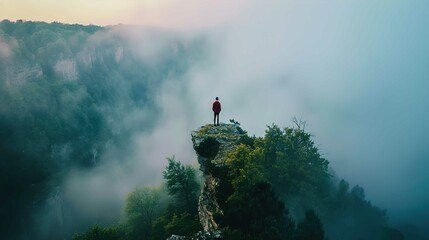 A person in a red jacket stands on the edge of a protruding rock formation high above a forested valley, enveloped in mist. The landscape around the figure is lush and green, with trees partially obsc - Powered by Adobe