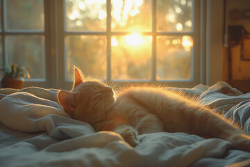 A cat is laying on a bed with the sun shining through the window