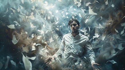 A man with a thoughtful expression is surrounded by a whirlwind of feathers in a surreal environment. He is wearing a neatly buttoned white shirt and his eyes are partially closed. The feathers are sw - obrazy, fototapety, plakaty