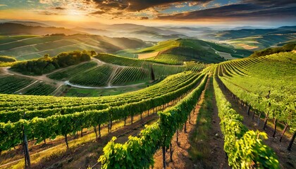 Top view, A sprawling vineyard stretching across rolling hillsides, its orderly rows of grapevines...