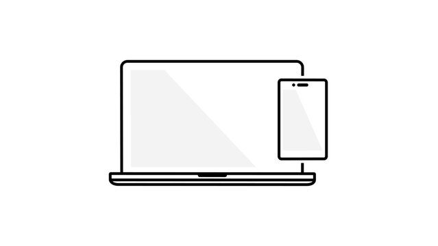 Laptop and mobile phone. Monochrome outline illustration.