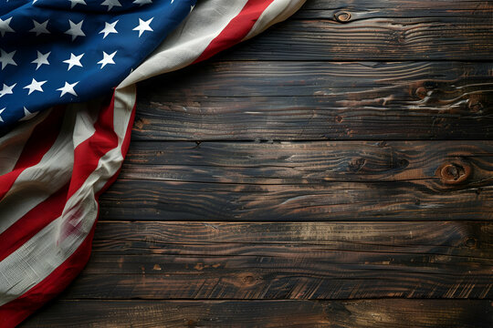 American flag on vintage wooden planks background, heritage and tradition, country charm and spirit of independence, authentic style for Independence Day, for rustic interior decor, menu, fabric print