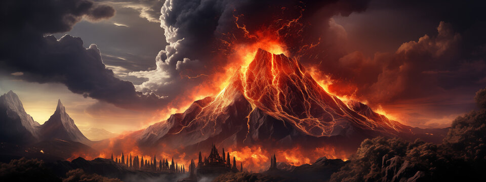 Epic Volcanic Eruption Landscape at Sunset with Ash Clouds