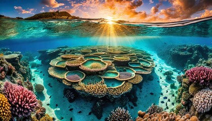 Top view, A vibrant coral reef teeming with marine life beneath the surface of the ocean, its...