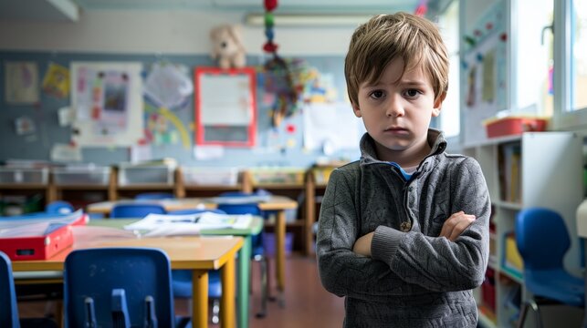 A child in the corner of a classroom, separated from his peers, looking sad and excluded