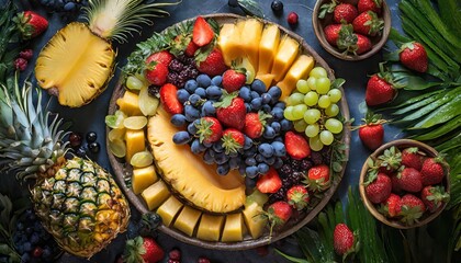 Top view, A colorful fruit platter arranged with precision, showcasing an array of juicy strawberries, succulent pineapple chunks, ripe melon slices, and vibrant grapes.
