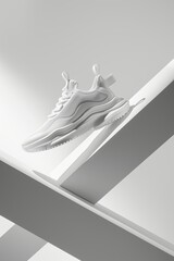 Popular white sneakers on a white background. Subject photography of floating shoes. Angular geometric shapes on the background. Minimalist design. Good ventilation inside the shoe.