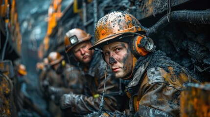Coal miners using specialized equipment for deep underground coal extraction process - obrazy, fototapety, plakaty