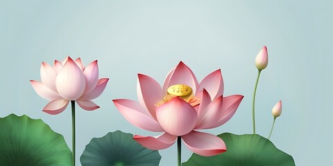 A delicate arrangement of  lotus flowers and green foliage set against a soft background, illustration