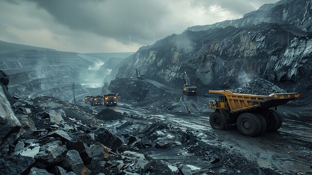 Deep coal mining operation  miners extracting coal with specialized equipment at depth