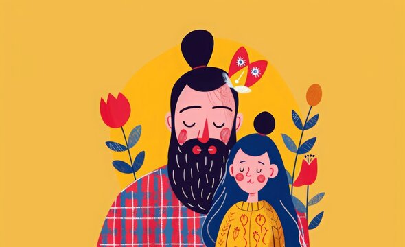 A nice bright postcard for Father's Day. Dad and daughter.Watercolor cartoon 2d. Global Day of  parent`s. Family day. International Children's Day