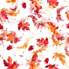Autumn leaves in shades of red, orange, and yellow swirl across a white background in watercolors, capturing the fleeting beauty of change. seamless, tile