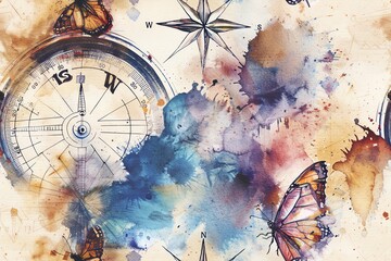 Fototapeta na wymiar A compass rose with a delicate butterfly perched on its center in watercolors, representing a journey guided by both direction and a sense of wonder