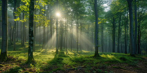 Obraz premium Natural green beech forest in the morning light, the sun shines through the morning mist