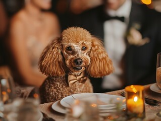 A dog is sitting at a table with a man and woman. The dog is wearing a bow tie and he is enjoying the attention. The table is set with plates, glasses, and utensils, and there are candles on the table