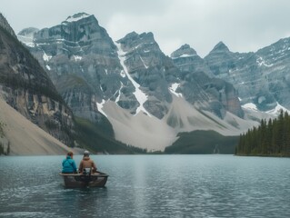 A couple is in a boat on a lake, surrounded by mountains