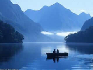 A couple is in a boat on a lake surrounded by mountains. The water is calm and the sky is clear