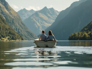 A couple is in a boat on a lake, enjoying the view of the mountains in the background - obrazy, fototapety, plakaty