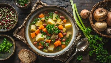 Top view, A steaming bowl of hearty vegetable soup, filled with chunks of carrots, potatoes, celery, and beans, simmered in a flavorful broth and garnished with fresh herbs.