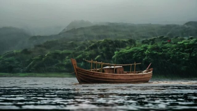 wooden boat in the sea , Noah's Ark amidst the pouring rain during the flood 4k created with generative ai	