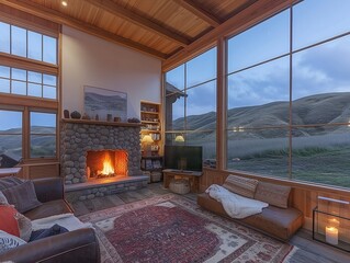 A cozy living room with a fireplace and a large window overlooking a mountain. The room is furnished with a couch, a chair, and a coffee table. A television is mounted on the wall